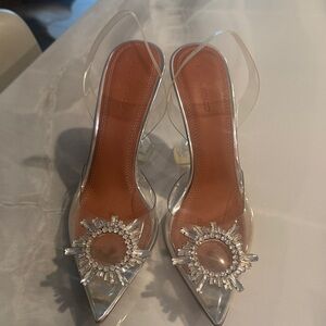 Clear Crystal Embellished Pointed Toe Slingback Heels - Clear